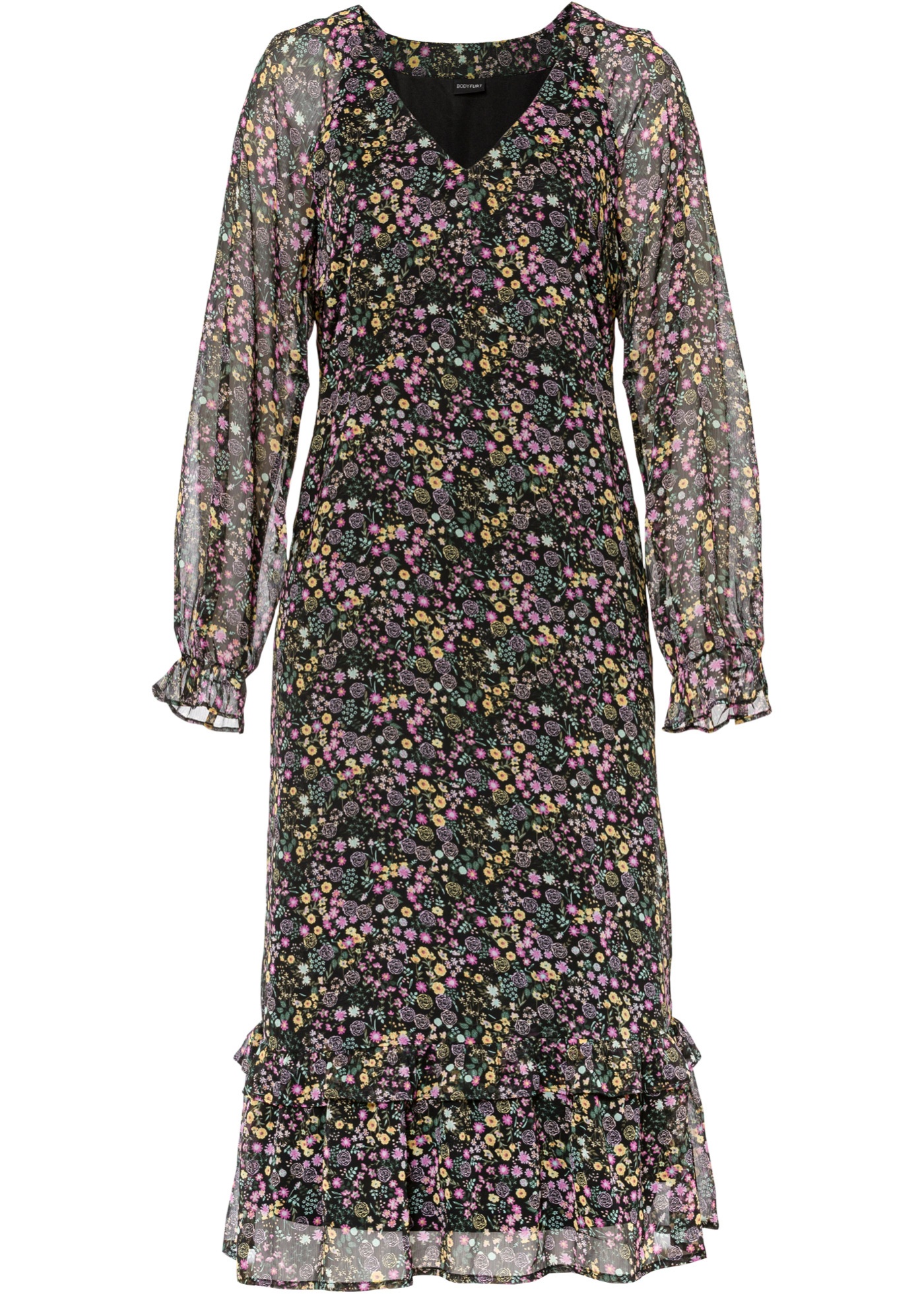 Potlačené midi-šaty s volánmi, z recyklovaného polyesteru