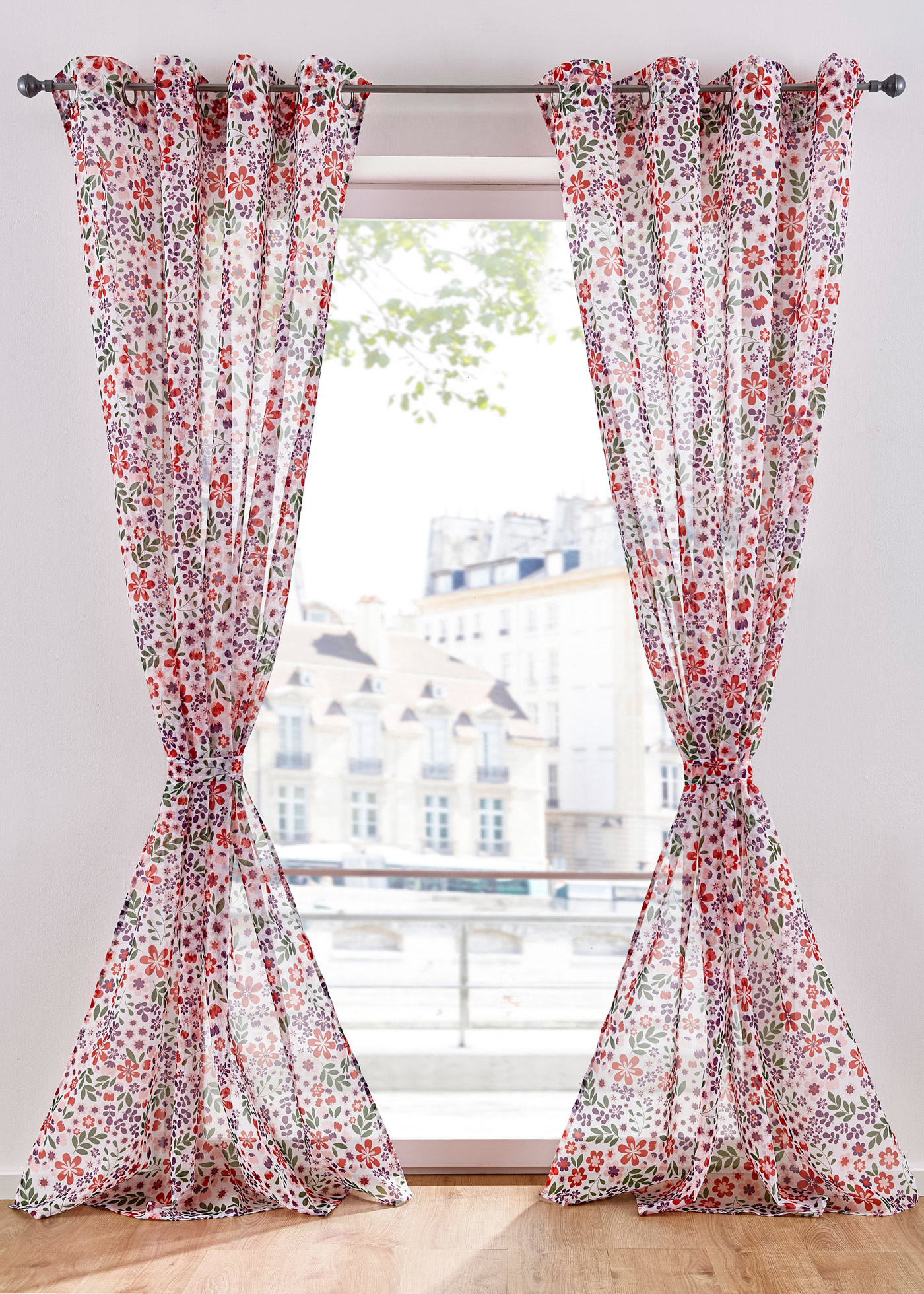 Záclona s kvetovanou potlačou vrátane tyče (1 ks)