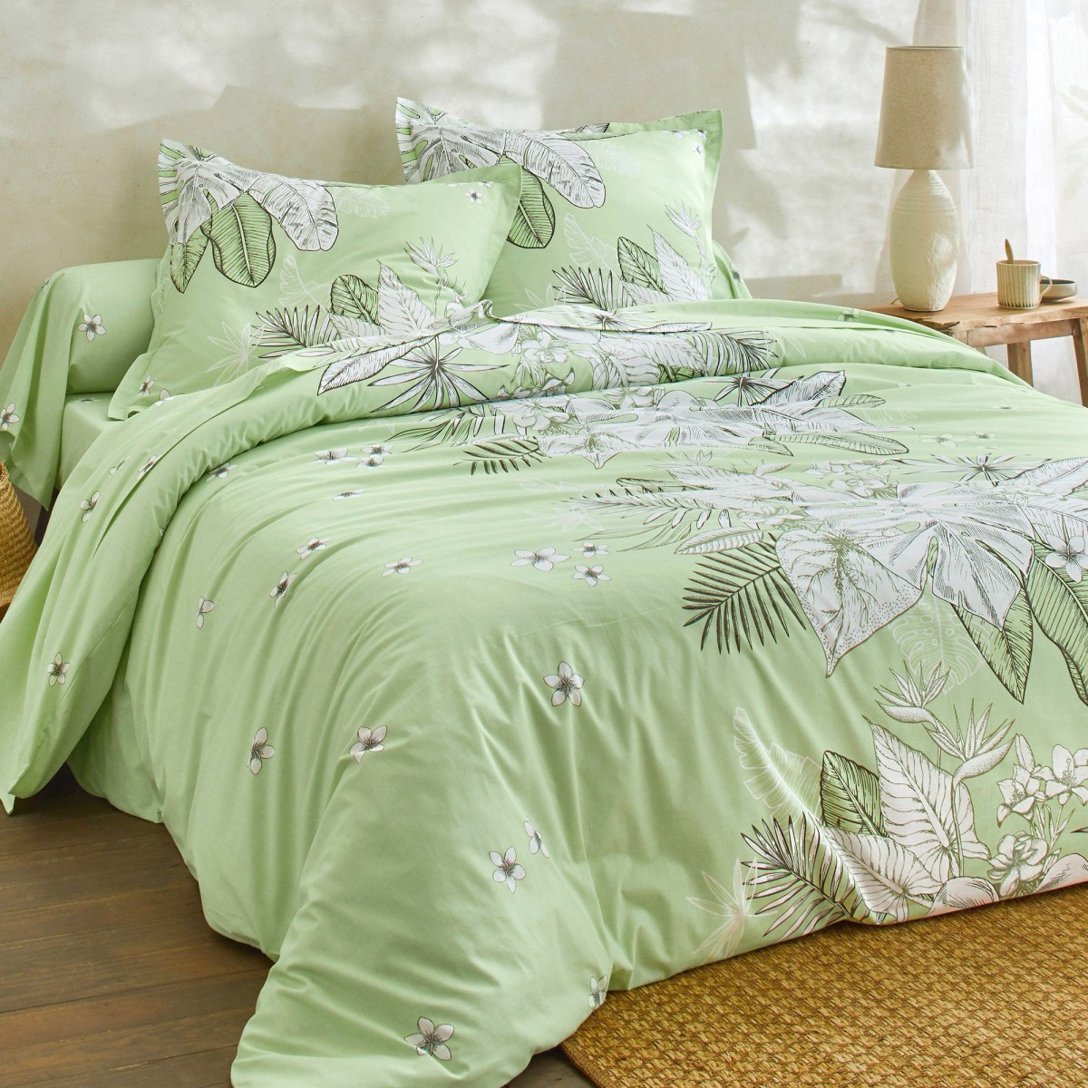 Posteľná bielizeň Elyse, bavlna, s potlačou kvetín a palmových listov morská zelená 70x90cm a 140x200cm(*)