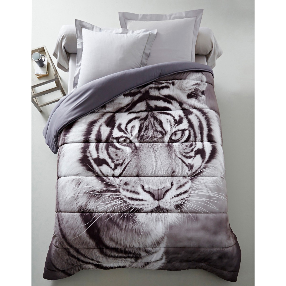 Prikrývka s fotopotlačou tigra, mikrovlákno 200g m2 biela sivá 200x200cm