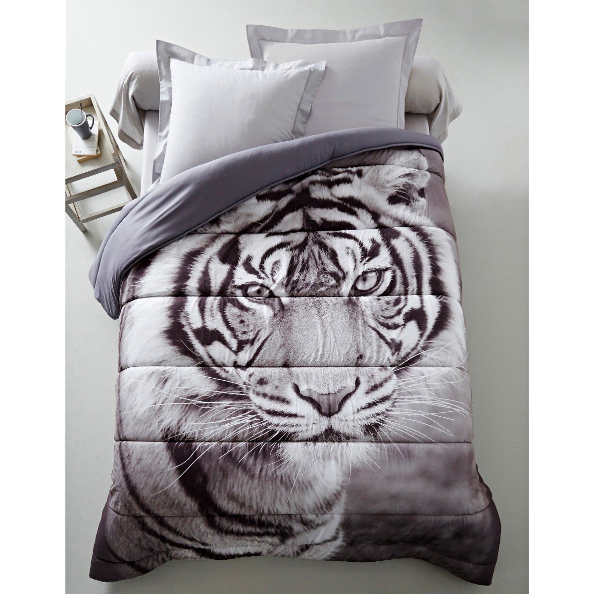 Prikrývka s fotopotlačou tigra, mikrovlákno 400g m2 biela sivá 140x200cm
