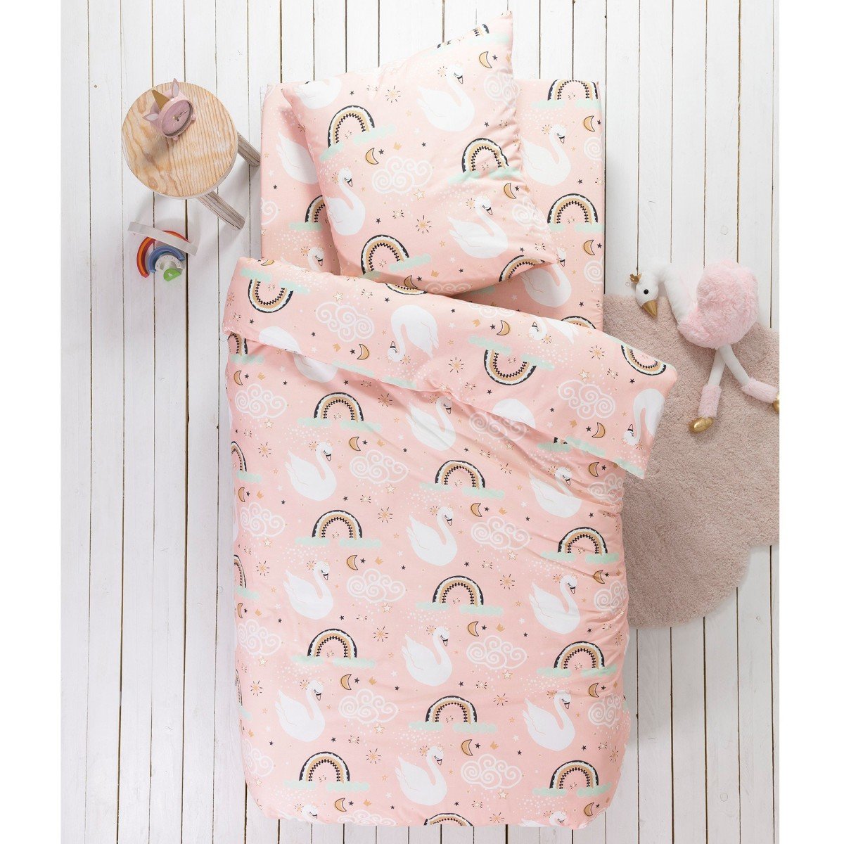 Detská posteľná bielizeň Labute s potlačou, pre 1 osobu, bavlna ružová 70x90cm a 140x200cm(*)