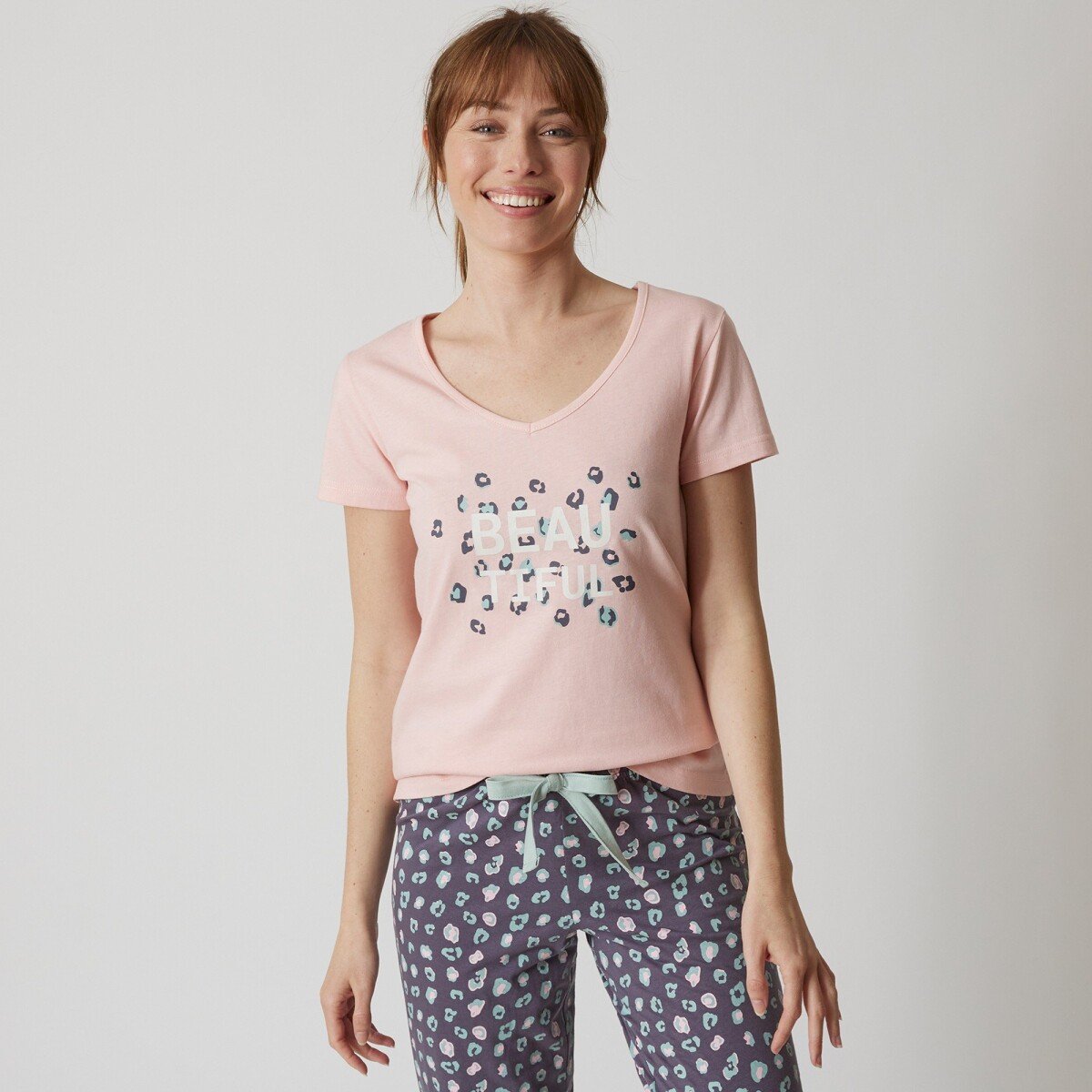 Pyžamové tričko s krátkymi rukávmi a stredovou potlačou  Beautiful  ružová 34 36