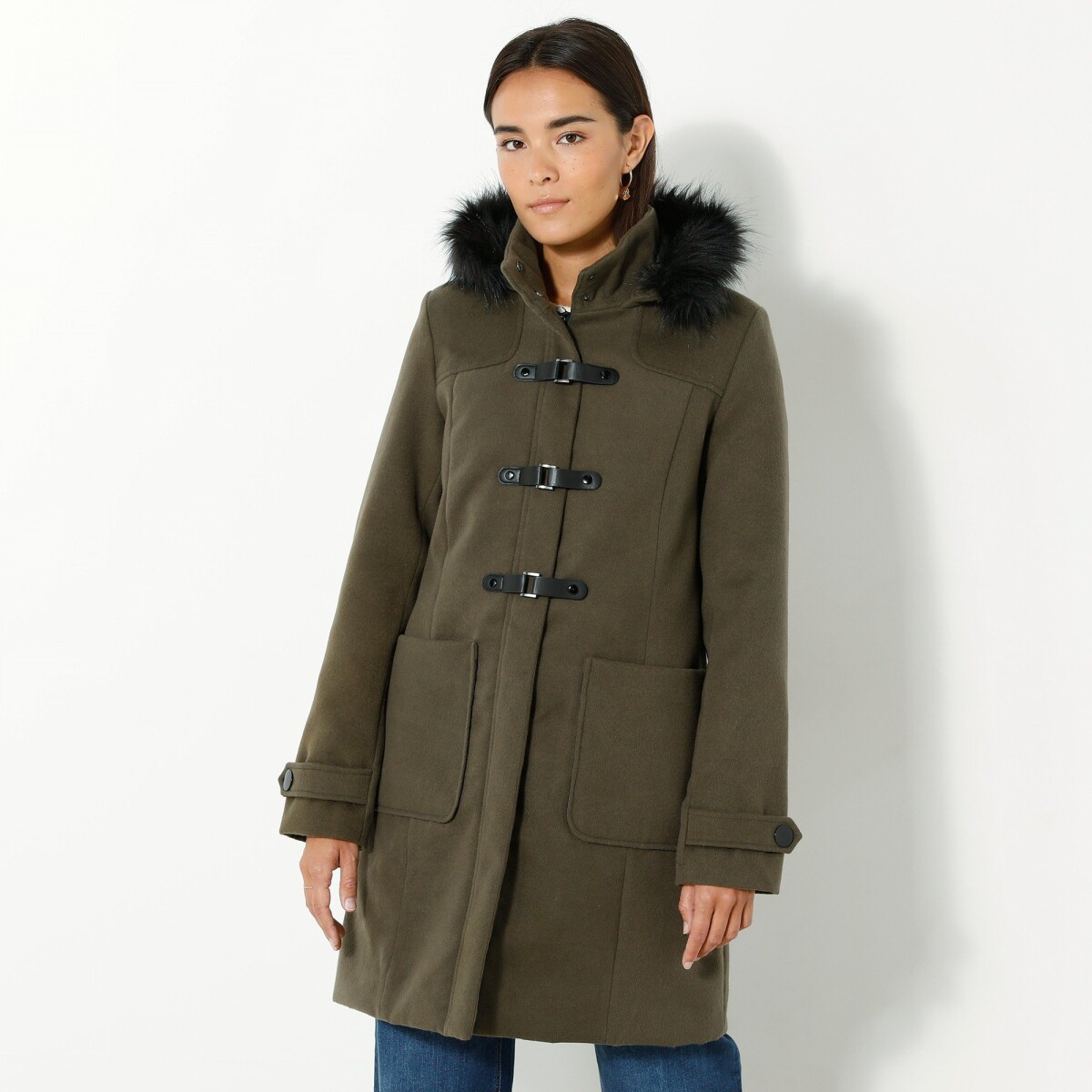 Jednofarebný kabát duffle-coat s kapucňou khaki 38