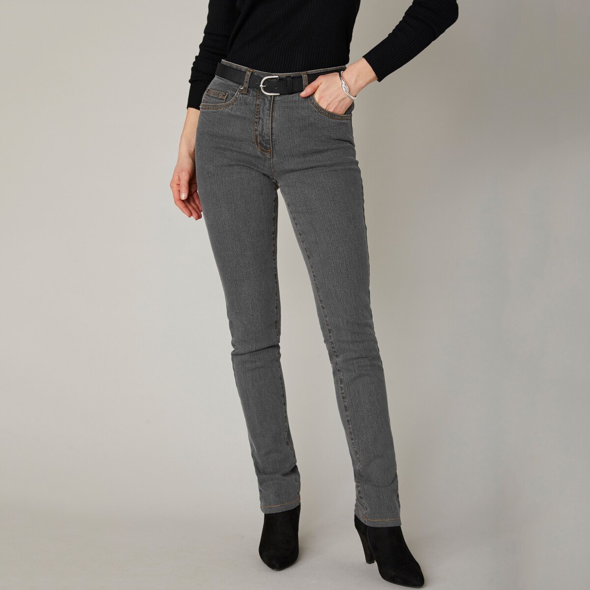 Strečové rovné džínsy, nižšia postava tmavosivá 36