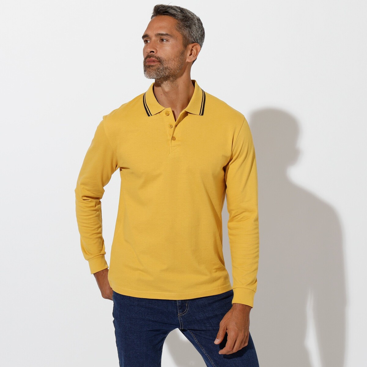 Polo tričko s prúžkom na golieri s dlhými rukávmi žltá 97 106 (L)