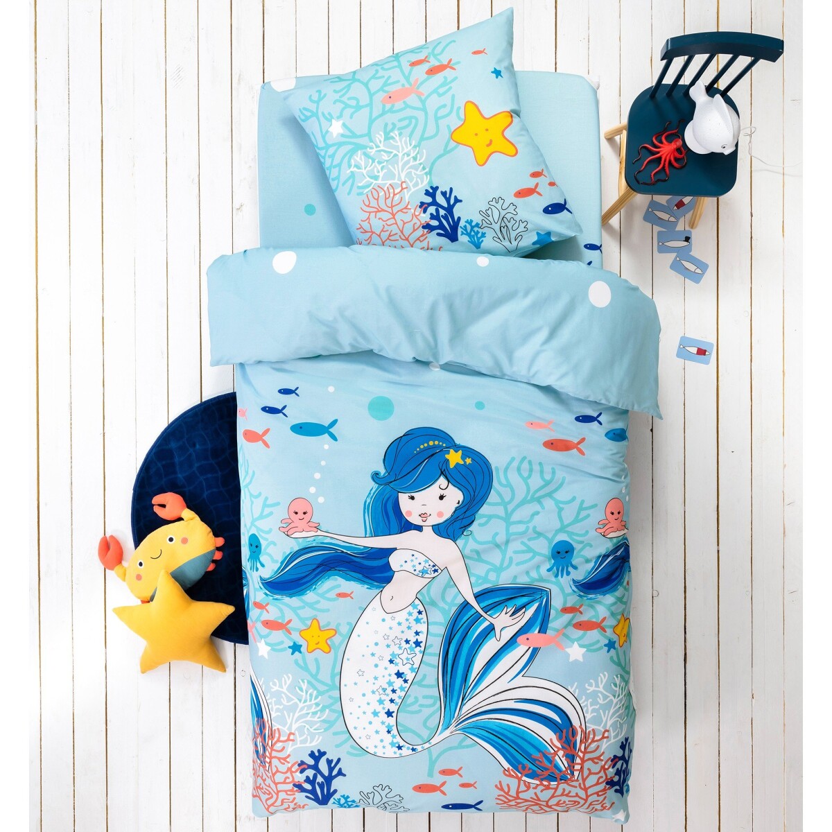 Detská posteľná bielizeň s motívom morskej víly Doris pre 1 osobu, bavlna blankytná modrá obliečka na vankúš 65x65cm