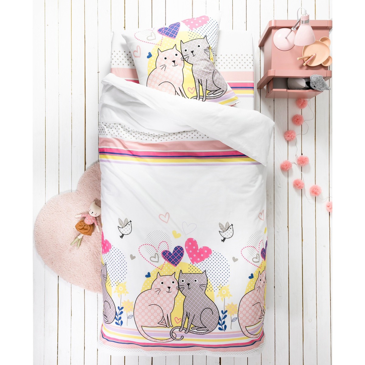 Detská posteľná bielizeň Mačacia láska, pre 1 osobu, bavlna biela obliečka na vankúš 65x65cm